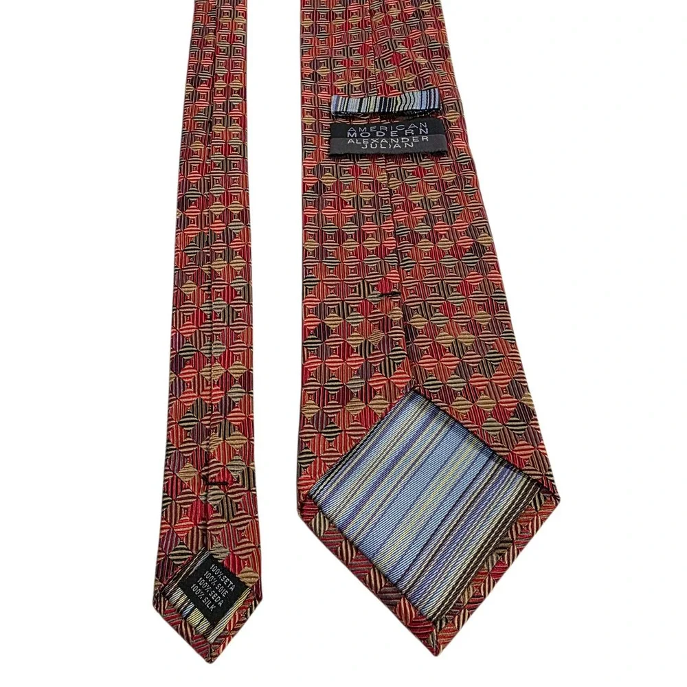Alexander Julian American‎ Modern Geometric Silk Tie Red Gold Tan Burgundy Woven